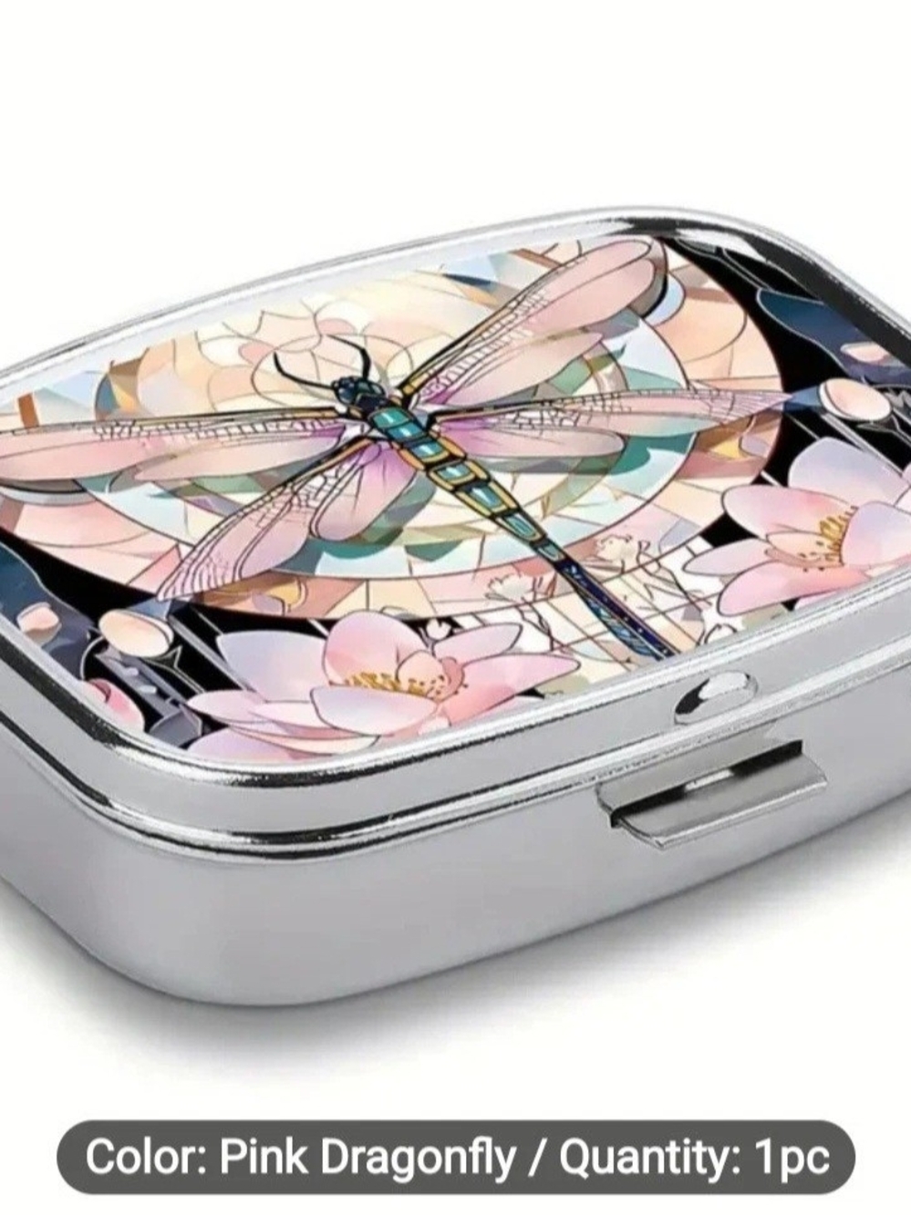 Pink Stain-Glass Look Dragonfly Pill Box W/2 Compartments & Compact Mirror